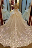 Lace Appliqued And Flowers Chapel Train Pretty Ball Gown Wedding Dresses PM564