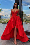 Elegant A Line Red Strapless High Low Prom Dresses with Pockets, Long Party Dresses P1268