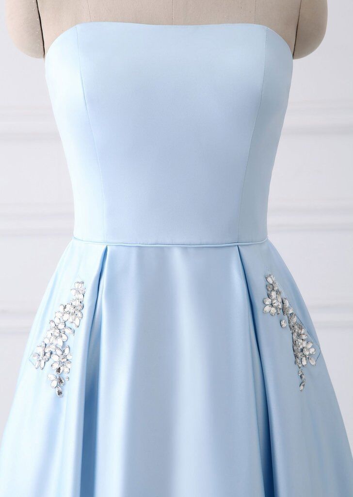 A-Line Blue Satin Strapless Beaded Pockets Lace Up Back Long Sleeveless Prom Dresses PH309