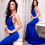 Blue Deep V-Neck Ruffles Open Back Mermaid Silvery Sequins Beaded Backless Prom Dresses uk PM801