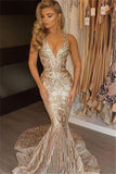 Golden Mermaid Court Train Sleeveless Sparkle Deep V-Neck Long Prom Dresses PH605