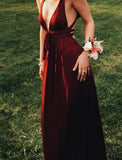 Sexy Burgundy Deep V-Neck Sleeveless Floor-Length Backless Prom Dresses