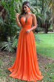 A Line Spaghetti Straps Orange Party Dresses, Sexy Deep V Neck Chiffon Prom Dresses P1573