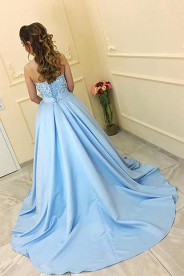Modest A-Line Sweetheart Strapless Light Blue Sleeveless Long Prom Dresses uk With Lace PH230