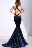 Sexy Mermaid Deep V-Neck Velvet Dark Navy Long Prom Dress Sparkly Evening Dress P1413