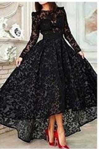 Elegant A Line Black Sleeveless Lace High Low Prom Dresses