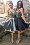 A Line Spaghetti Straps V Neck Satin Sleeveless Knee Length Grey Homecoming Dresses PH640