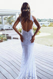 Sheath White Mermaid Round Neck Sweep Train Open Back Lace Wedding Dress with Split PM26