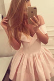 A-Line Off-the-Shoulder V-Neck Ruffles Short Pink Mini Satin Homecoming Dress PM279