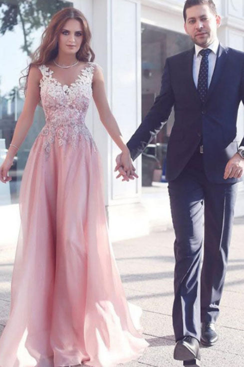 Elegant Pink Long V-Neck Appliques Sleeveless A-Line Chiffon Prom Dresses UK PH374