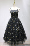 Unique Black Star Printed Tulle Long Open Back Short Prom Dress, Cocktail Dress P1552