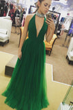 Hot Sexy Sleeveless A-Line Deep V-Neck Green Floor-Length Tulle Long Prom Dresses uk PM282