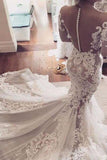 Illusion Neckline Lace Appliques Mermaid Long Sleeves Chapel Train Wedding Dress PM295