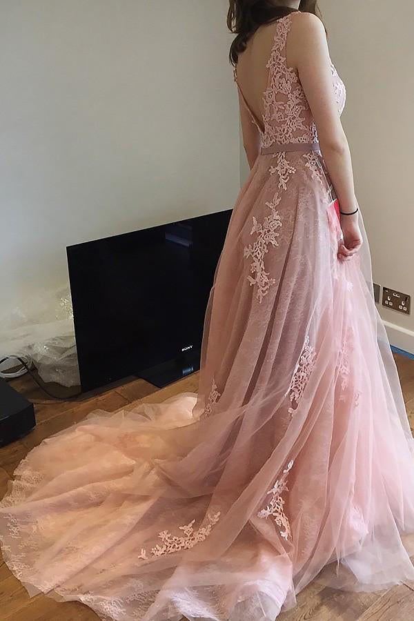 Charming Pink Lace Tulle Long A-line Open Back Elegant Little Train Wedding Dresses PM624