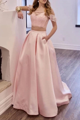 Two Piece Off the Shoulder Blush Pink Prom Dresses with Pockets, Long Lace Prom Gowns P1371