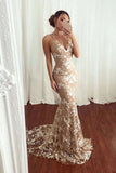 Sexy Mermaid V neck Lace Appliques Long Prom Dresses Spaghetti Straps Formal Dresses P1359