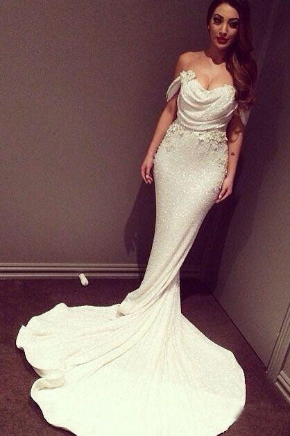 White Mermaid Off The Shoulder Long Ivory Sequins with Sparkle Formal Party Dresses For Teens PH13