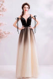 Spaghetti Straps Black Deep V Neck Formal Dress, Floor Length Tulle Ombre Prom Dresses P1233
