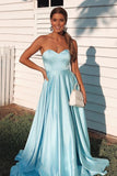 Simple A Line Sky Blue Sweetheart Satin Prom Dresses, Cheap Formal Dresses P1456