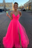 Modest Tulle V Neck Spaghetti Straps Pink Long Prom Dresses with Slit P1485