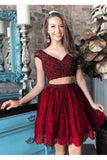 A Line Two Pieces V Neck Beads Burgundy Lace Short Prom Dresses,Homecoming Dresses PH703