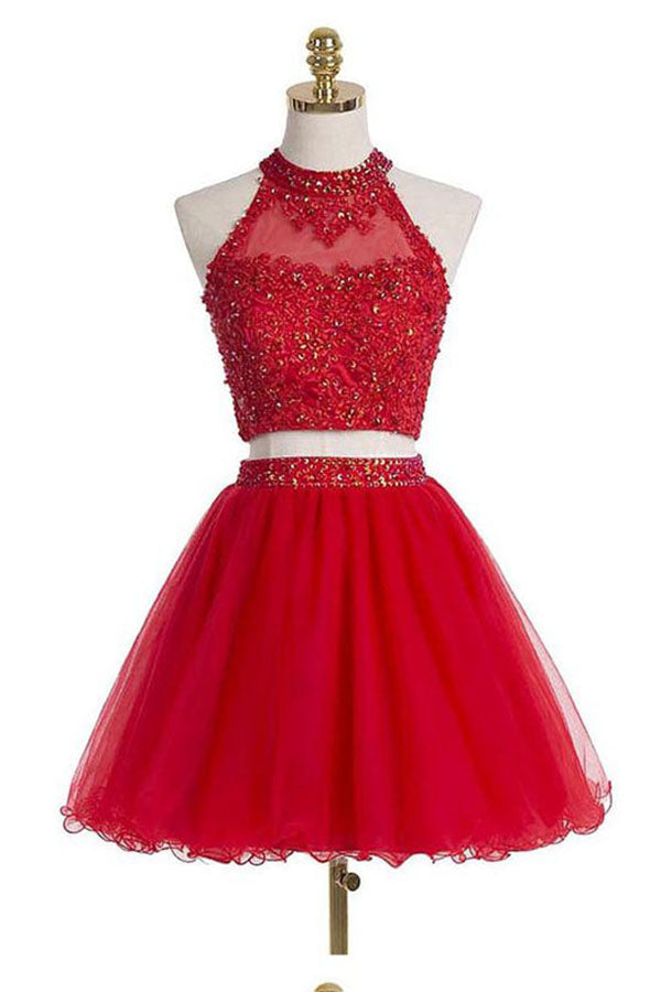 Two Pieces Scoop Halter Short Red Beaded Homecoming Dress with Appliques Sequins PM12