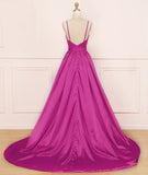 A Line Spaghetti Straps V-Neck Satin Backless Prom Dress P1493