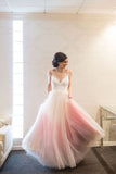 Modest A Line Spaghetti Straps V Neck Ombre Pink Tulle Prom Dresses uk PH798