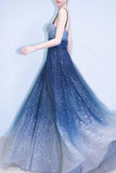Elegant A Line Royal Blue Straps Floor Length Prom Dress Ombre Dance Dress P1237