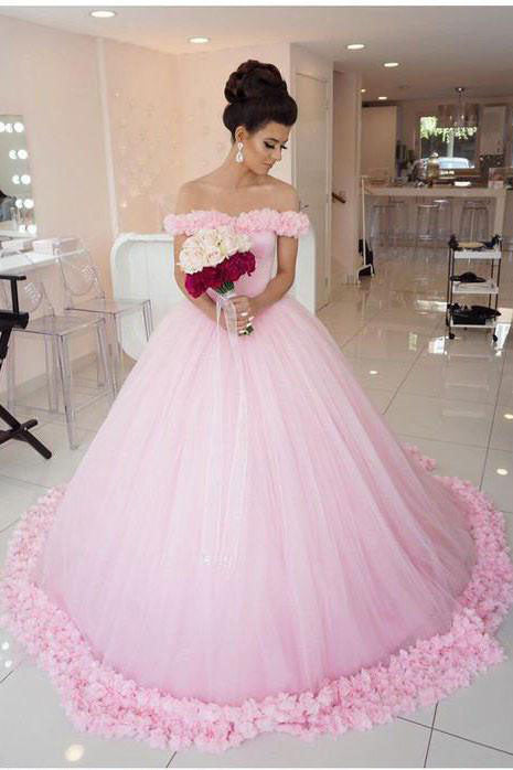 Pink Long Sleeveless Flowers Off the Shoulder Lace up Tulle Ball Gown Wedding Dresses UK PH369