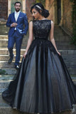 Elegant Round Neck Black Lace Sleeveless Tulle Long Ball Gown Floor-length Prom Dresses uk PM213