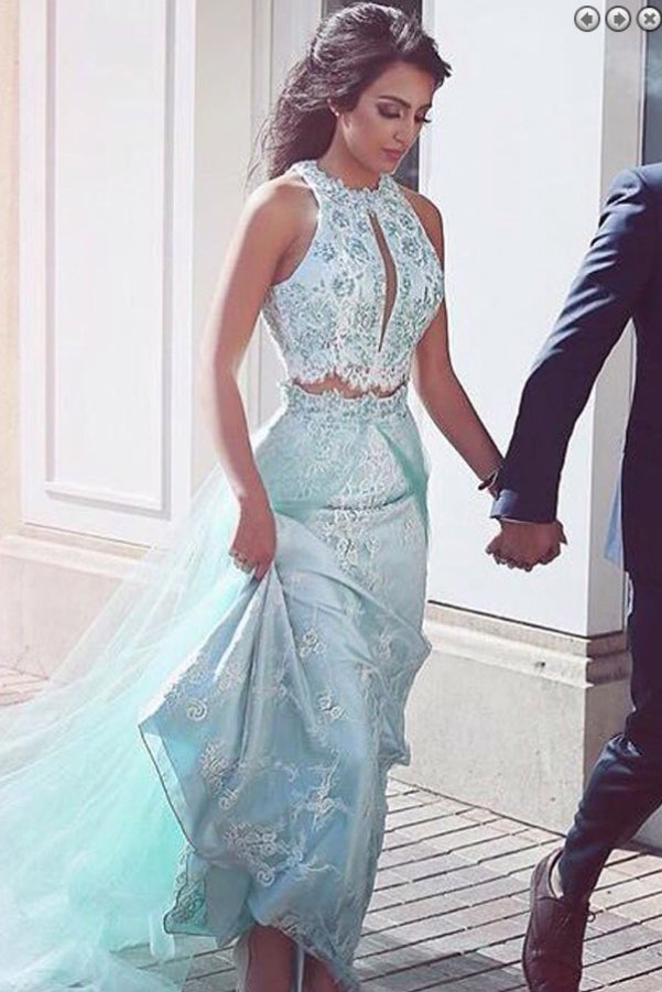 A-Line Two Pieces Sheath Round Neck Blue Tulle Prom Dresses uk with Lace Sequins Overskirt PH265