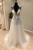 Cheap V-Neck Open Back Tulle Ivory Beach Long Appliques A-Line Sleeveless Wedding Dress PM598