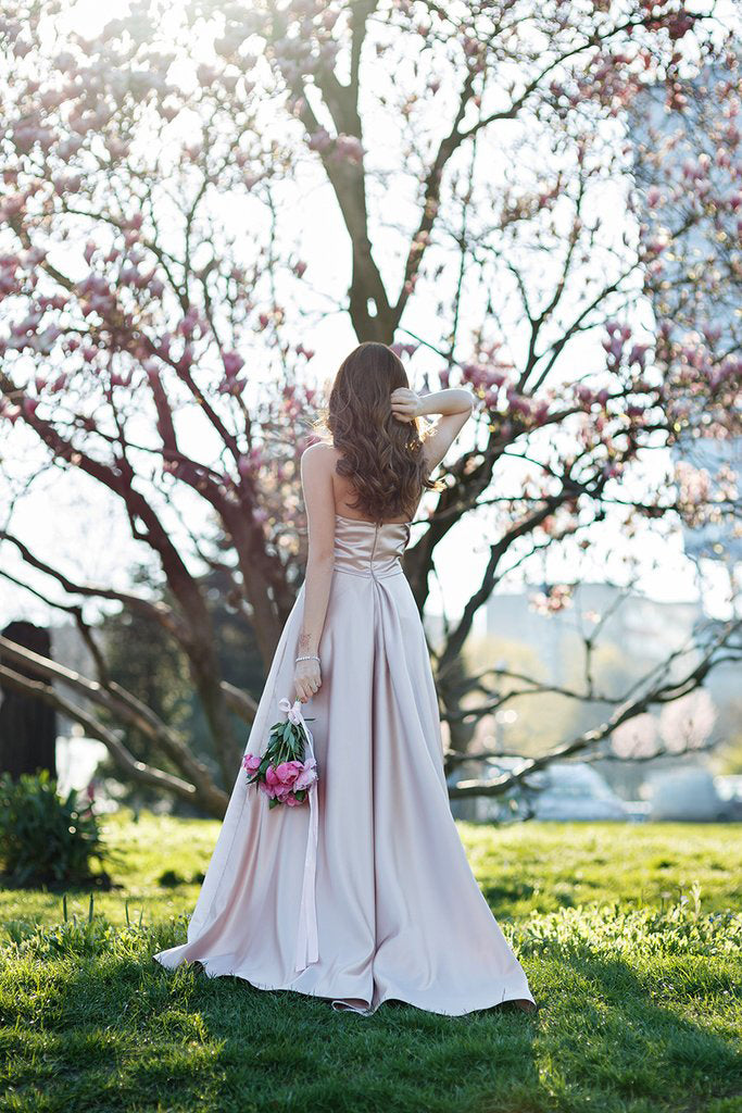 Elegant A-Line Halter Satin Long Sleeveless Backless Pink with Pockets Evening Dresses uk PH237