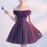 A line Dark Purple Off-shoulder Short Sexy Appliqued Homecoming Dress with Beads PM173