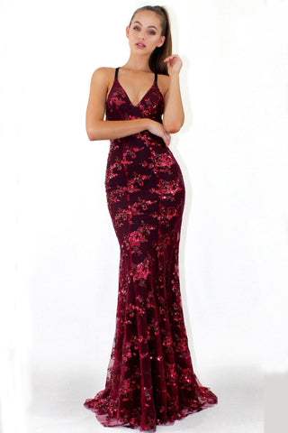 Fashion Spaghetti Straps Burgundy Sequin Mermaid Backless Deep V Neck Prom Dresses uk PH892