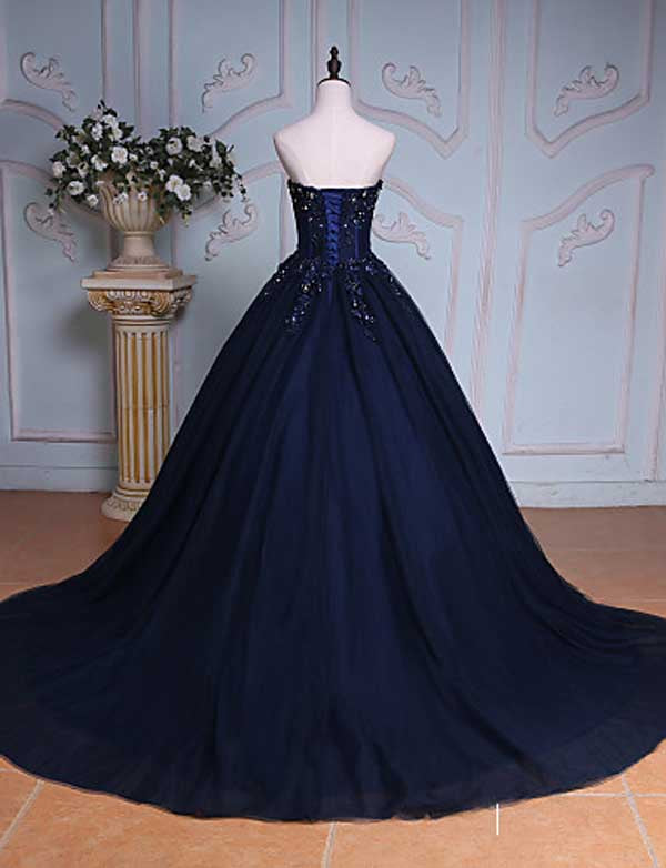 Princess Ball Gown Sweetheart Navy Blue Beads Ruffles Long Tulle Prom Dresses uk with Lace up PH236