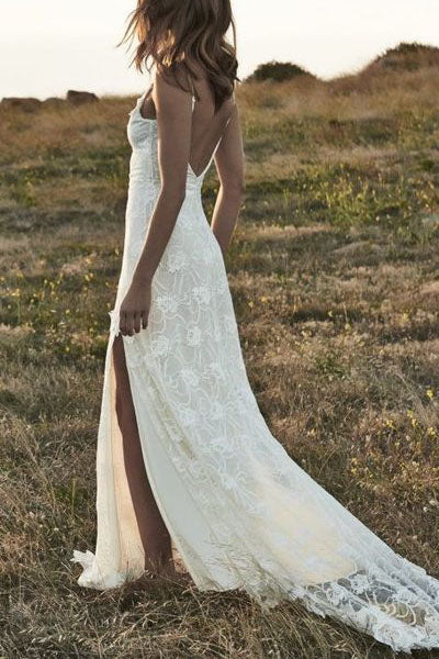 Boho Backless Front Split Romantic Off-the-Shoulder Ivory Lace Beach Bling Wedding Dress PM699