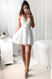 A Line V Neck Spaghetti Strap Short Lace White With Criss-Cross Mini Homecoming Dress PH590